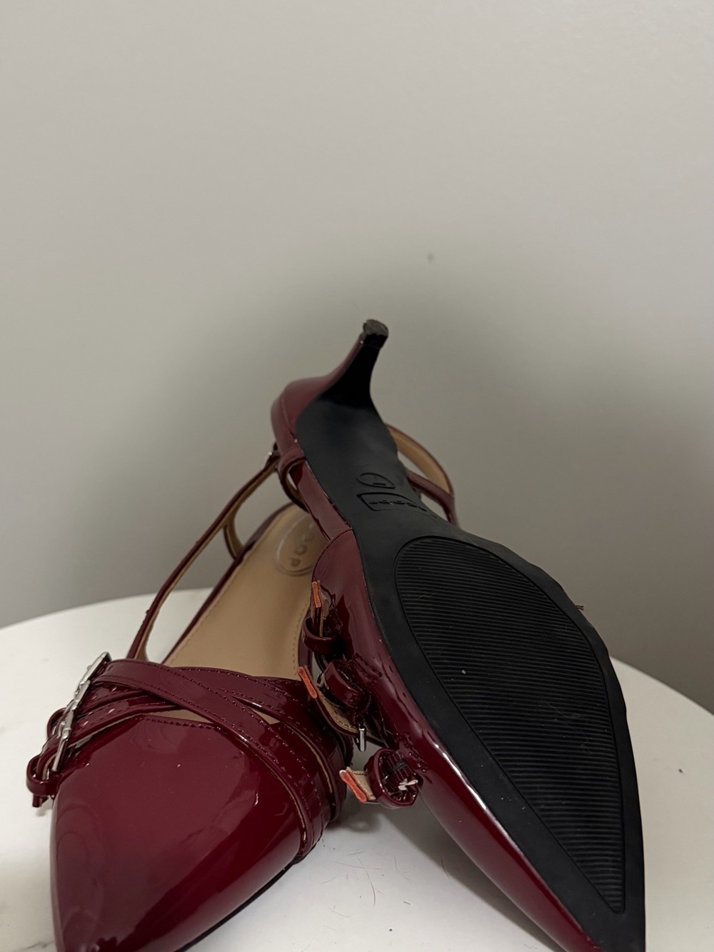 Patent Burgundy Pointed-Toe Slingback Heels